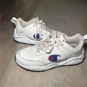 Champion men’s ' White Athletic Sneakers with Blue & Red Logo